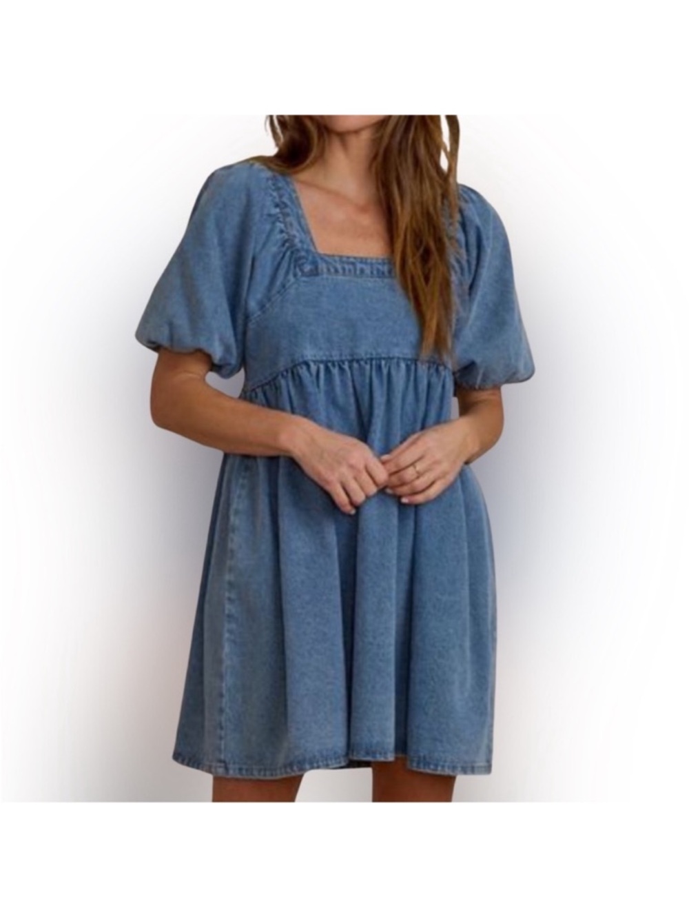 Rylee + Cru Denim Square Neck Baby Doll Mini Dress S